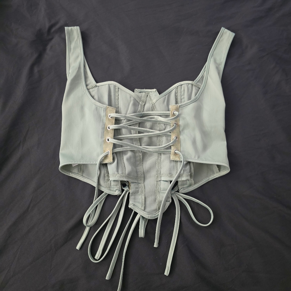 Solid Satin Lace Up Corset Crop Cami Top - Green - Picture 3 of 5
